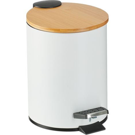 Relaxdays Step Pedal Bin, 3 Litre, Soft-close Mechanism, Removable Inside, Bathroom Cosmetic Waste, Metal, Bamboo, White