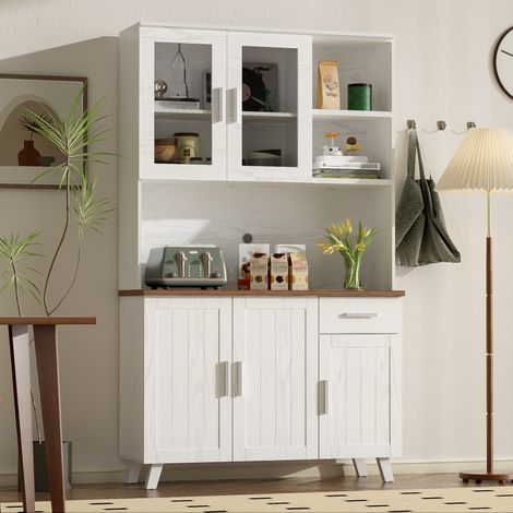 Credenza alta 114 x 40 x 190 cm, 5 ante, 1 cassetto, 2 vani, effetto legno bianco e marrone DESVIAE (1/5)