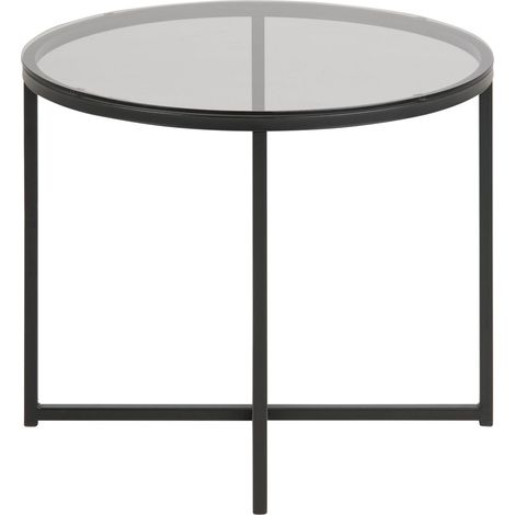 Cape Couchtisch Ecktisch Ø 55 cm Rauchfarbenes Glas und Metall matt schwarz.