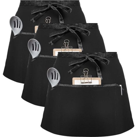 Livraison gratuite - Lot de 3 tabliers de taille, tabliers noirs de serveur/serveuse avec 2 poches, demi-tablier pour bistro, restaurant ou jardinage (hommes) (1/5)