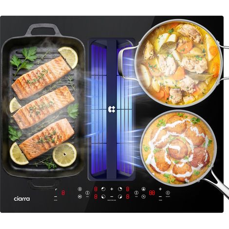 Ciarra – Plaque induction avec hotte intégrée 59cm – 4 foyers – Flexizone – Débit d’air 500m³/h – CBBEH594BBFF (1/5)