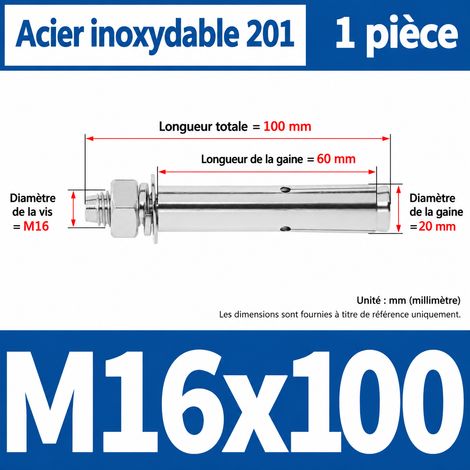 Goujon d'ancrage cheville métallique M16 x 100 mm inox 201 m16 100 1 pièces 1 kg – Livraison gratuite