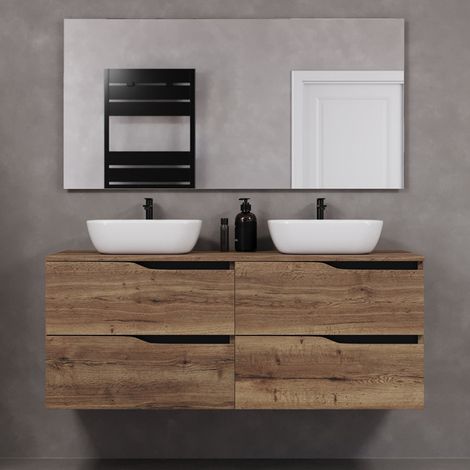 Meuble de salle de bain 140cm avec plateau et deux vasques à poser zeus - 4 tiroirs - tabaco (chêne foncé) - LUNA (1/4)