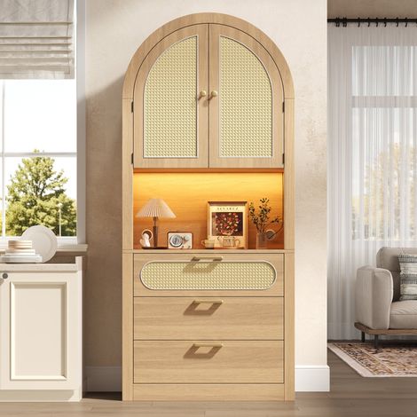 Buffet de 80x35x180 cm avec LED réglable portes rotin 3 tiroirs, grand rangement anti-basculement chêne clair chic