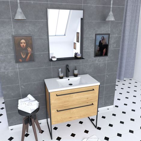 Mobile bagno 80x50 cm – lavabo bianco – 2 cassetti finitura rovere naturale + specchio