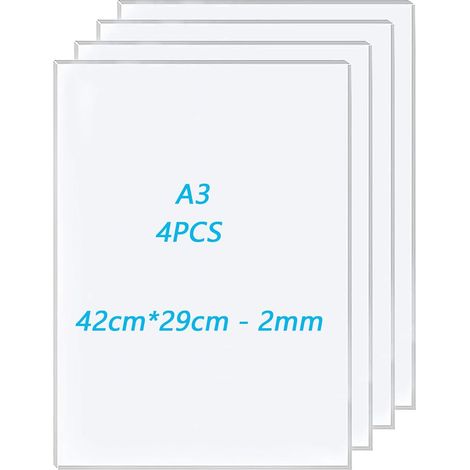 4 Pièces Plaque Acrylique A3, 42x29cm Plaque Acrylique Transparente en Plastique A3 2mm d'épaisseur, Plaque Plastique Transparente pour Décoration, Exposition, Cadre Photo, Peinture (1/5)