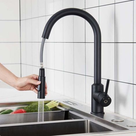Küchenarmatur mit Ausziehbrause – Schwarz – 360° drehbare Edelstahl-Küchenarmatur – 2 Wasserauslaufmodi (1/4)