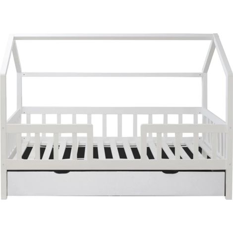 Cama casita con barandilla + cama elevable madera blanco 90x190cm