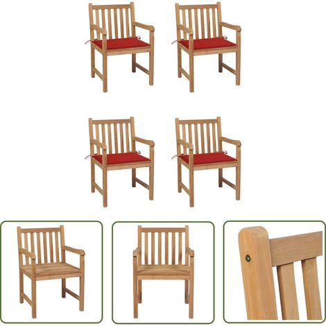 The Living Store Chaises de jardin lot de 4 et coussins rouge bois teck solide - Chaise De Jardin - Mobilier De Jardin - Set De Chaises - Terrasse - Jardin (1/5)
