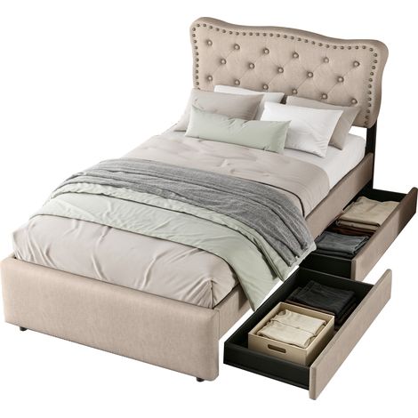 Cama 90x200 cm tapizada en tela y MDF, con cabecero ajustable en 3 alturas, dos cajones de almacenaje y diseño beige oscuro elegante para dormitorio  CHICFURN (1/5)