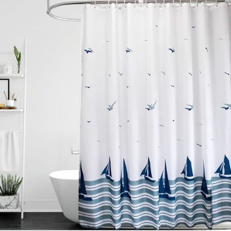 Rideau de douche 100 x 180 ourlet lesté et anti-moisissure et résistant lavable, rideaux de salle de bain nautique bleu voilier avec crochets