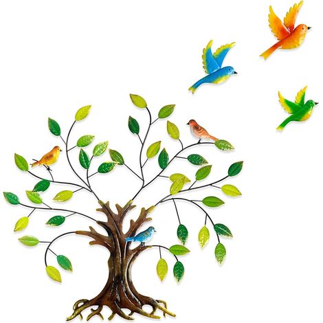 Décoration murale métallique « Arbre de vie » avec feuilles vertes et colibris, cadeau inspirant pour votre maison ou votre jardin - 24.4 inch de diamètre (1/5)