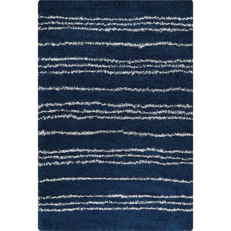 Tapis Blanc et Bleu en Polypropylène 200 x 300 cm Rayures Poil Long Moderne Tashir