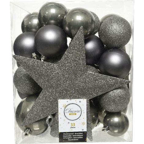 Kaemingk Weihnachtskugeln bruchfest, langlebig, warmgrau 33 Kugeln + Stern Christbaumschmuck