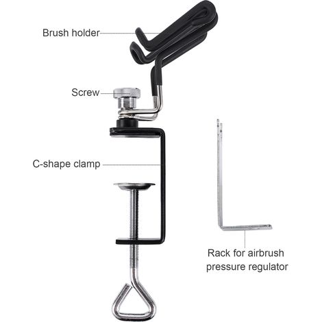 Wakects Universal Airbrush Holder, C Forme Clamp Airbush Stand Tool avec 2 Racks de Pinceau et Rack Latéral pour Le Régulateur de Pression Barges de Table jusqu'à 3 Pouces