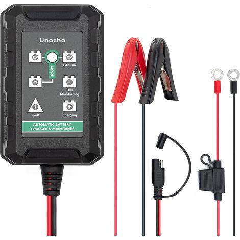 Chargeur de Batterie 1,5A 6V/12V Plomb-Acide et 12V LiFePO4, mainteneur Automatique Trickle Float avec Pinces SAE pour Voiture, Moto, Tondeuse, Bateau (1/5)