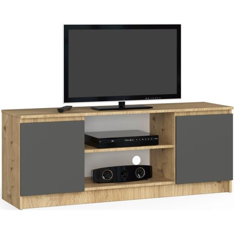 Meuble TV pour salon AKORD Chêne Artisan 140 cm 2 portes façade Gris Graphite 2 étagères 140x40x55 cm (1/3)