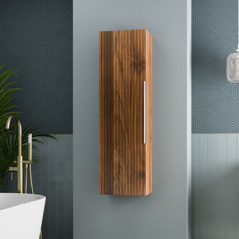 1200 x 350mm Fluted Wall Mounted Tall Bathroom Cabinet Storage Cupboard Walnut (1/5)