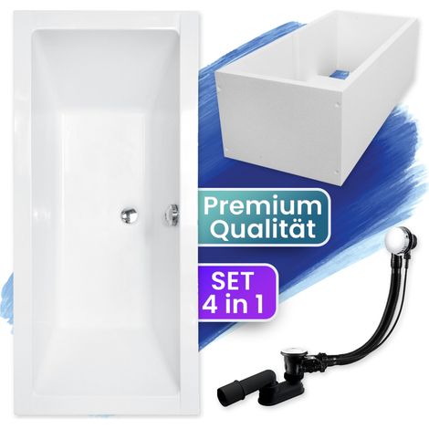 Badewanne Rechteck 170x75 mit Wannenträger, Ablaufgarnitur & Füßen GRATIS - Komplettset 4in1 Original Acryl Wanne Siphon - BADLAND QUADRO (1/5)