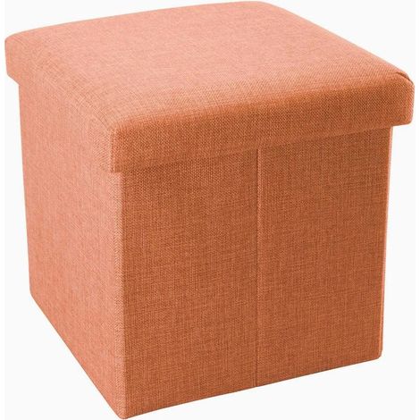 Pouf pliable Intirilife 38x38x38 cm couleur orange mandarine - Cube de rangement avec couvercle en tissu aspect lin - Repose-pieds, coffre de rangement, commode, banc (1/5)