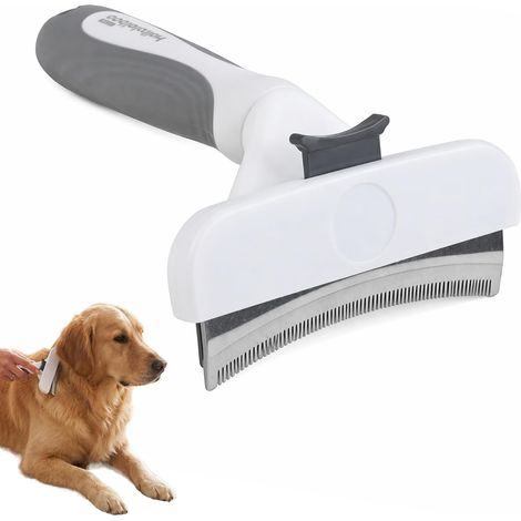 Brosse Chien Poils Courts et Brosses Chat, Peigne Chat et Chiens Inoxydable, Brosse Sous Poil Chien pour Démêler et Désépaissir, Dents en V 1mm, Bouton Nettoyage, Blanc et Marron, 16x11cm (1/5)