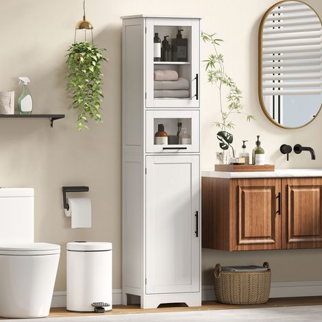 Colonna da bagno con anta in vetro, ripiani regolabili e cassetto per piccoli spazi, 40x31x170 cm, bianca