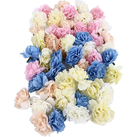 50 œillets artificiels (fleurs simulées) roses, crème, bleus, champagne et beiges pour compositions florales (1/5)