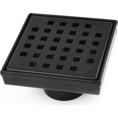 Kit de siphon de douche carré 10 cm en acier inoxydable 304, noir mat, pour carrelage, avec grille et filtre anti-cheveux (noir mat, style traditionnel). (1/5)
