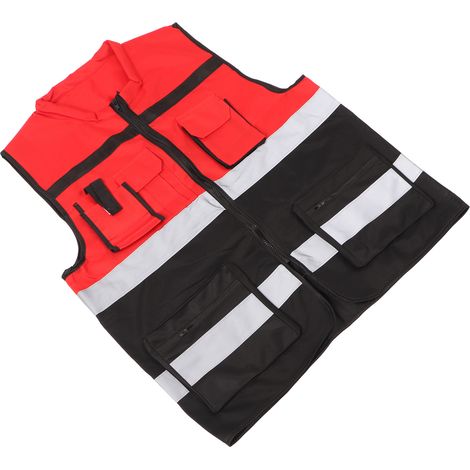 Gilet de sécurité réfléchissant rouge et noir, col rond, poches multiples, pour la construction et le transport. (1/5)