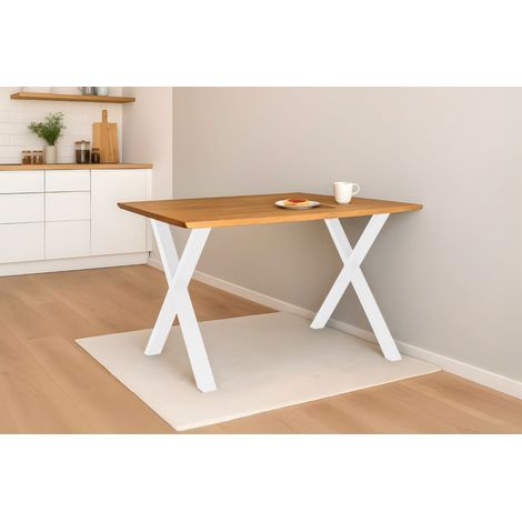 Esstisch Baumkante massiv Eiche geölt 140 x 80 cm X-Gestell weiß SALVADOR