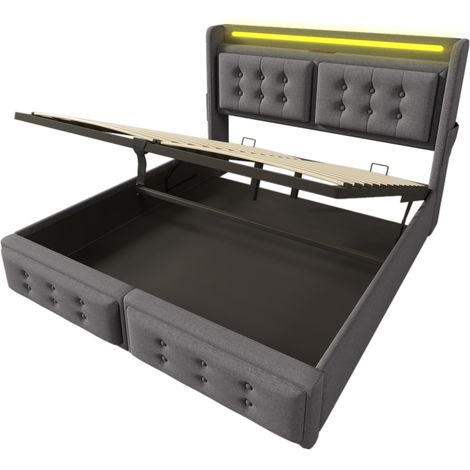 Lit coffre 160x200 rembourré gris avec tête de lit LED et USB-C, cadre à lattes, 300 kg (1/5)