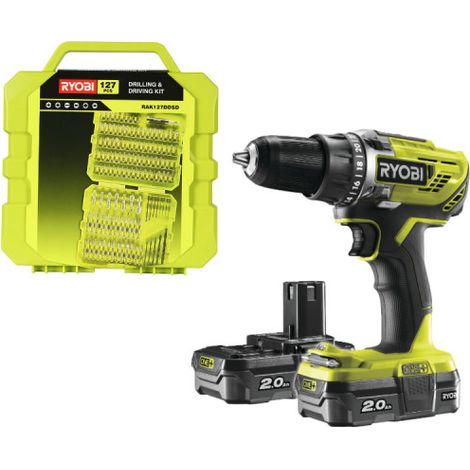 Confezione trapano/avvitatore RYOBI 18V OnePlus - 2 batterie 2.0Ah - caricabatterie rapido 2.0Ah-220S - Scatola 127 acce