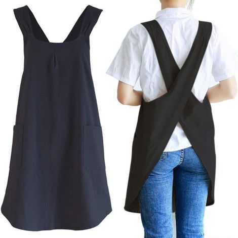 Beyamis Tablier ménager, simple, tendance, ample, respirant et confortable, idéal pour le travail en magasin de fleurs, tablier noir à motif en X diagonal. (1/5)