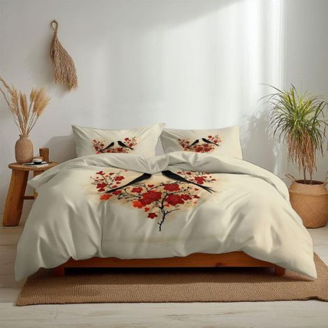 220x240cm - Housse de Couette,Curs et oiseaux amoureux floraux Parure de Lit Réversible Motif et romantique Fermeture éclair (1/5)