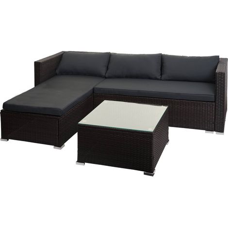 Salon de jardin en poly-rotin marron ensemble lounge balcon terrasse canapé avec table avec coussins gris foncé 040003249