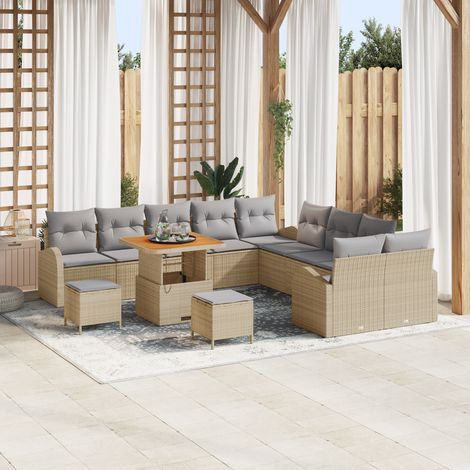 Ensemble de canapé de jardin 13 pièces avec coussins beige poly rotin acacia vidaXL (1/5)