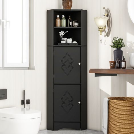 Armoire de salle de bain d’angle 36.5x36.5x155 cm noire en panneaux de particules avec étagère réglable (1/5)