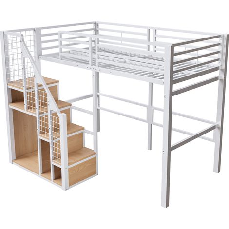 Kinder-Hochbett 90 x 200 cm aus Metall und MDF mit Sicherheitstreppe, Stauraum, Weiß (1/5)