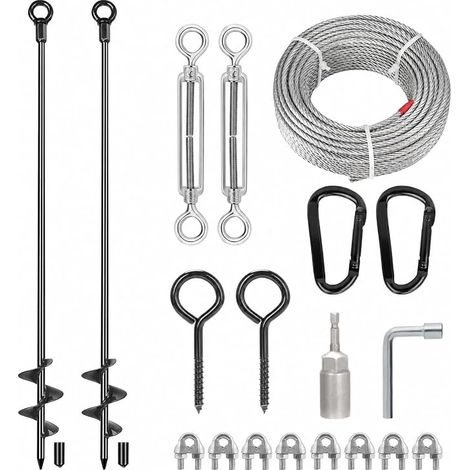 Lot de 2 ancrages au sol robustes de 76,2 cm avec câble galvanisé 3/16 et tendeurs, ancrages de terre hélicoïdaux à trois tours pour abris auto, auvent, tonnelle, trampoline, mobile home (1/5)