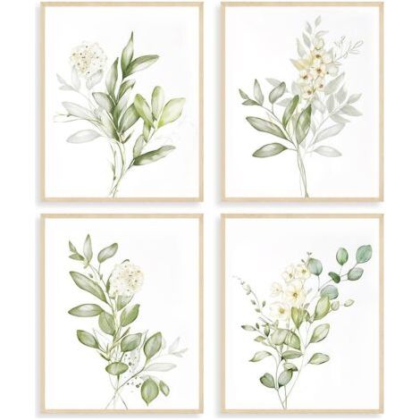 Lot de 4 Posters Botaniques en Aquarelle Vert Sauge pour Chambre Salle de Bain 8x10 Pouces Non Encadrés (1/5)