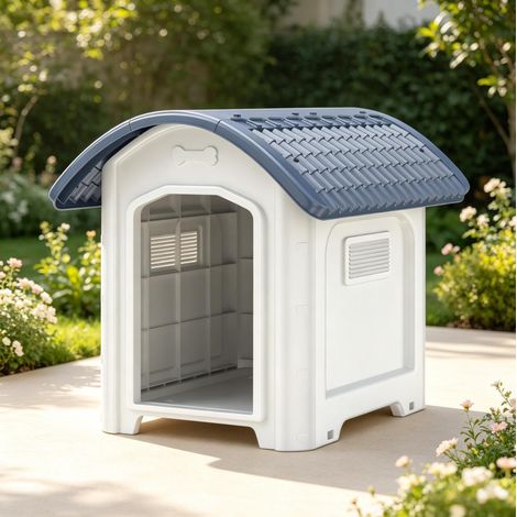 Caseta para perro de exterior en plástico PP, tejado impermeable, base elevada, blanco y gris oscuro (1/5)