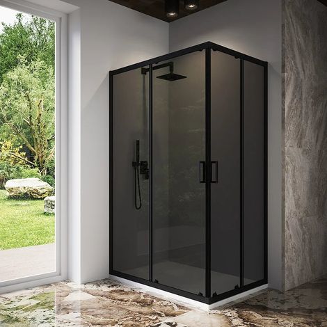 Cabine de douche 70x90 cm d angle coulissante profilés noir mat verre fumé 6 mm h185 Tonga (1/4)