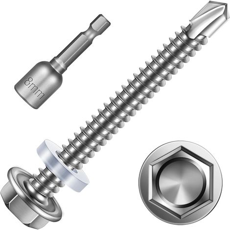 Lot de 25 vis auto-taraudeuses à tête hexagonale, vis à tôle trapézoïdale en acier inoxydable, avec rondelle d'étanchéité et clé à douille hexagonale, 5,5 x 50 mm (1/5)