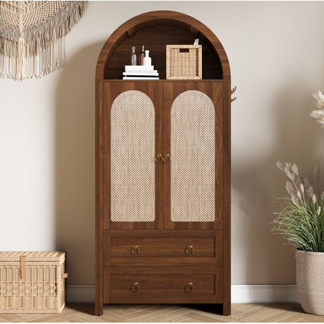 Aparador de MDF color nogal con puertas de ratán, 2 cajones, baldas regulables, 80 x 40 x 180 cm (1/5)