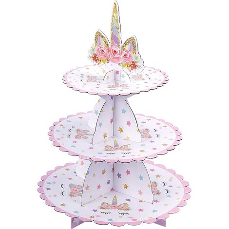 Présentoir à cupcakes licorne à 3 étages en carton, compatible avec les fêtes prénatales et les fêtes d'enfants. (1/5)