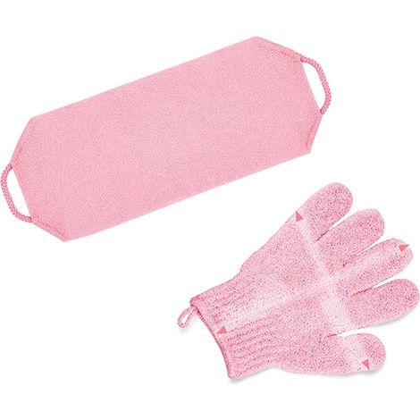 2 pièces, gants exfoliants, éponge exfoliante, pour corps et visage, rose, usage douche et bain (1/5)