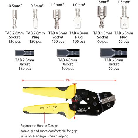 Outil de sertissage de cosses de fil, kit de sertissage à cliquet isolé pour câbles AWG 26-16 avec 840 connecteurs à fourche mâles et femelles (1/4)