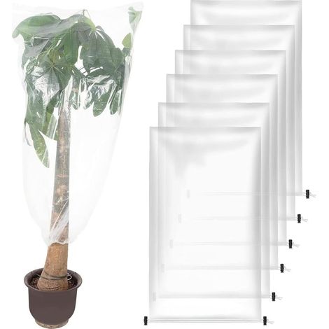 Lot de 6 housses d'hiver pour plantes avec cordon de serrage 80 x 100 cm Protection contre le gel Transparentes et imperméables Idéales pour plantes d'extérieur, arbustes et jeunes plants