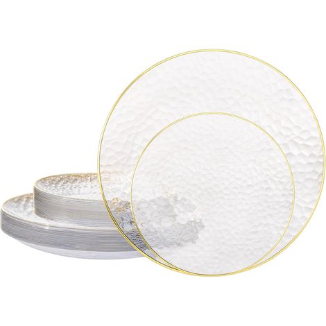 Ensemble de 20 assiettes de dîner en plastique cristallin avec jantes en or, plus un élégant set de couverts à texture martelée (comprend 10 assiettes de dîner et 10 assiettes de salade / dessert), pa (1/5)