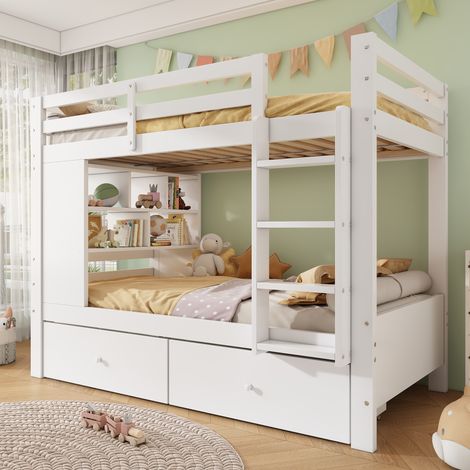Letto a castello per bambini 90x200 cm bianco con 2 cassetti, ripiano e scala DESVIAE
